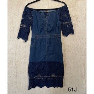 La‎ Reyna Denim Lace Off The Shoulder Dress Pockets Side Zip Boho Cottagecore S